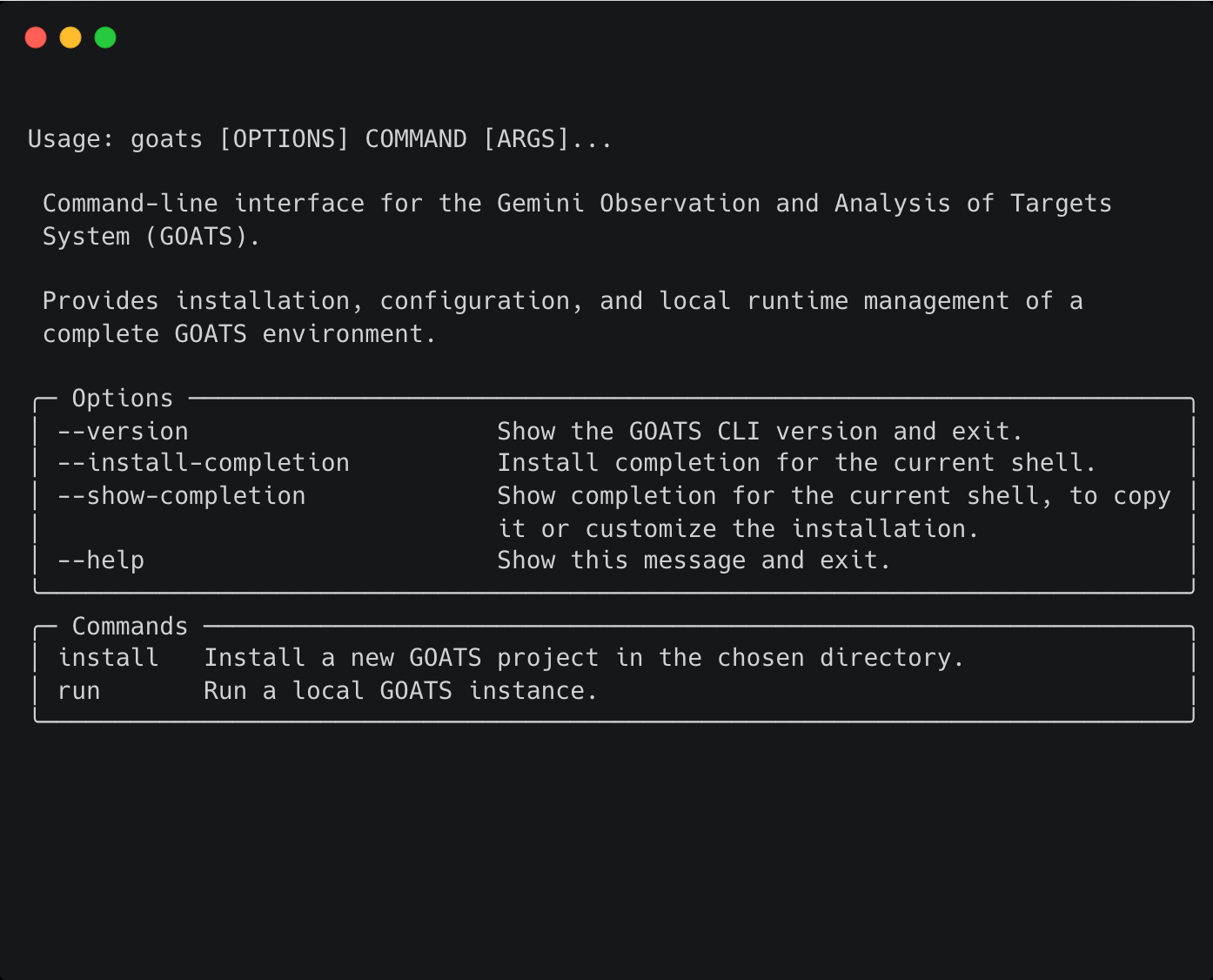 GOATS CLI main help output
