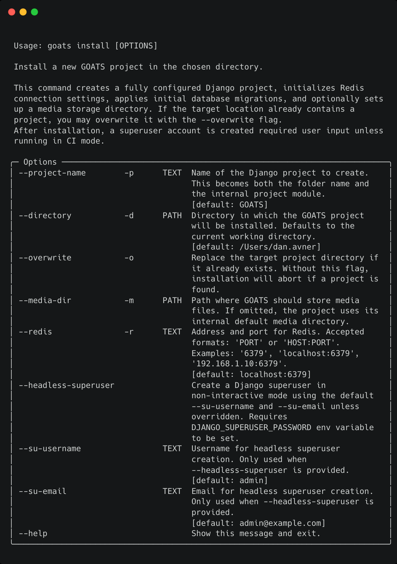 GOATS install command screenshot