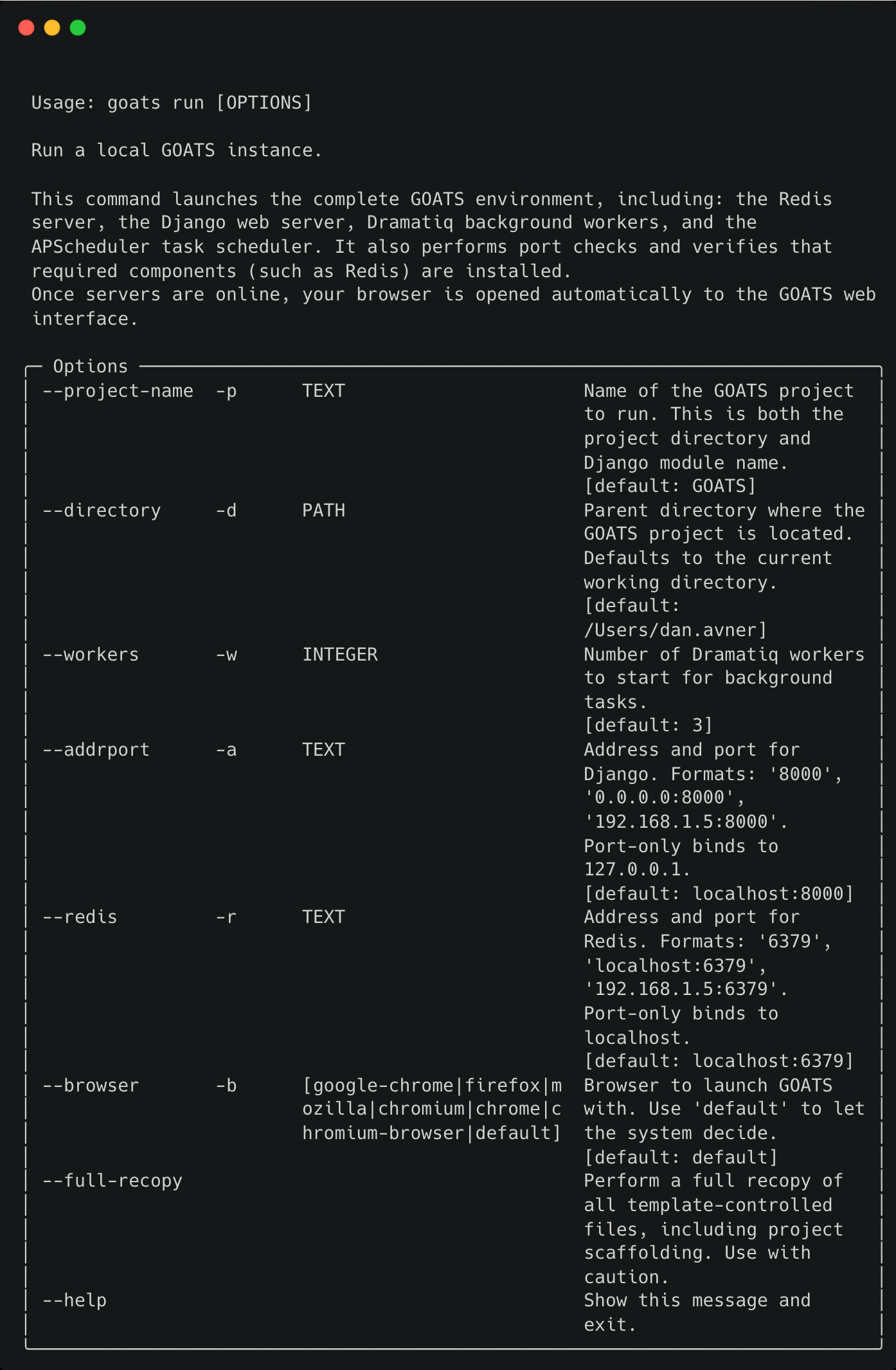 GOATS run command screenshot